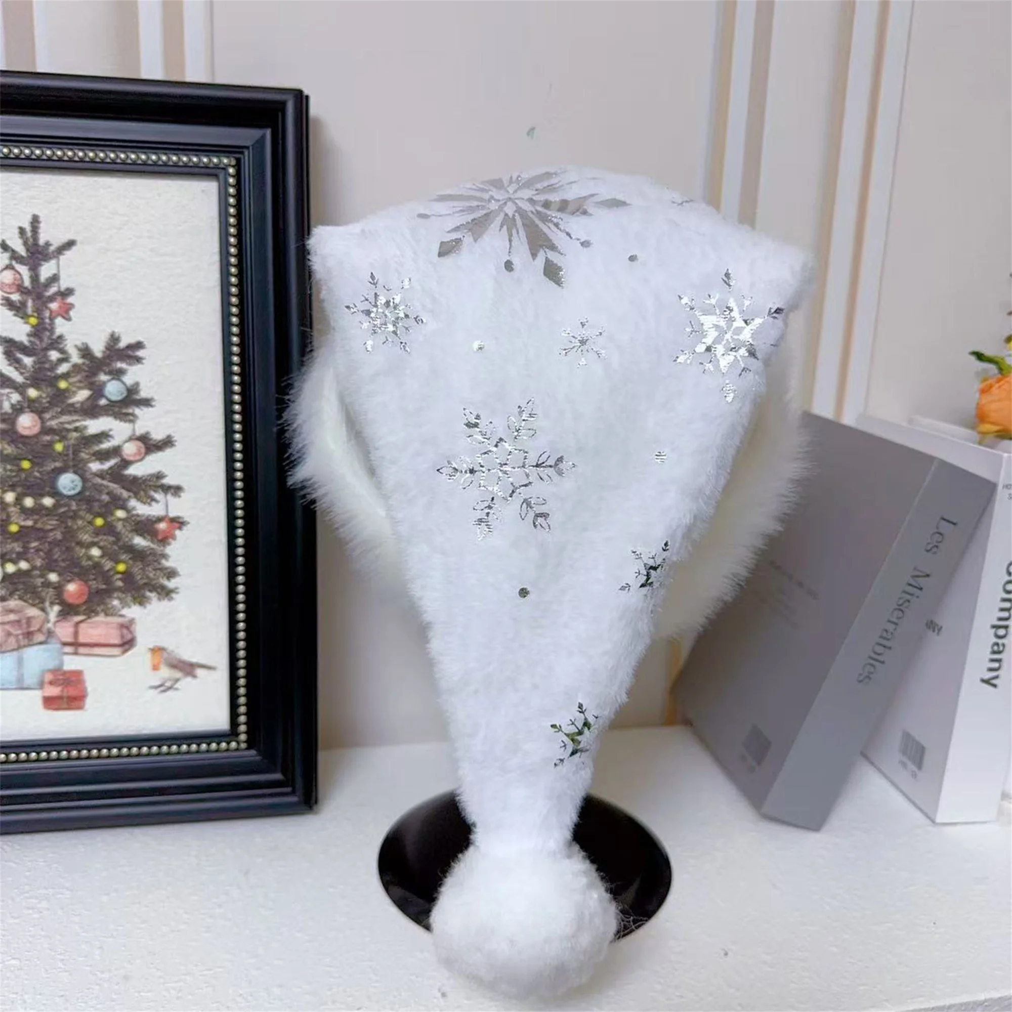 White Plush Christmas Hat with Sequin Snowflakes and Puffy White Trim Warm Santa Cap for Women