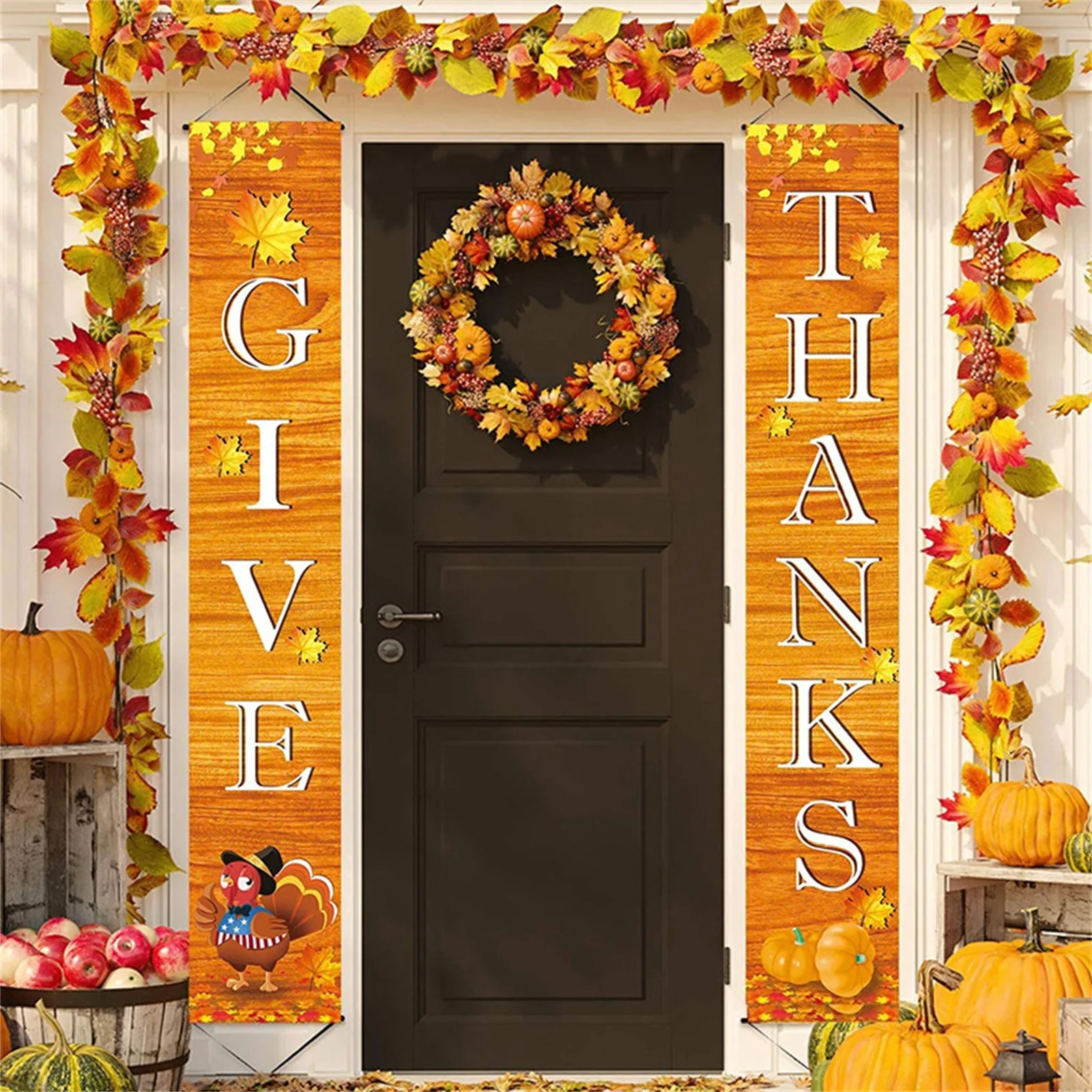 

1set Thanksgiving Door Decoration Couplet Happy Fall Harvest Door Banner Curtain Porch Outdoor Leaves Pumpkin Home Garden Banner