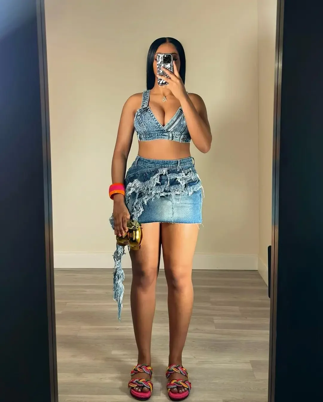 Fashion Denim Women's Set Spaghetti Strap V-neck Crop Top and Bodycon Midi Skirt 2024 Street Two 2 Piece Sets Outfits
