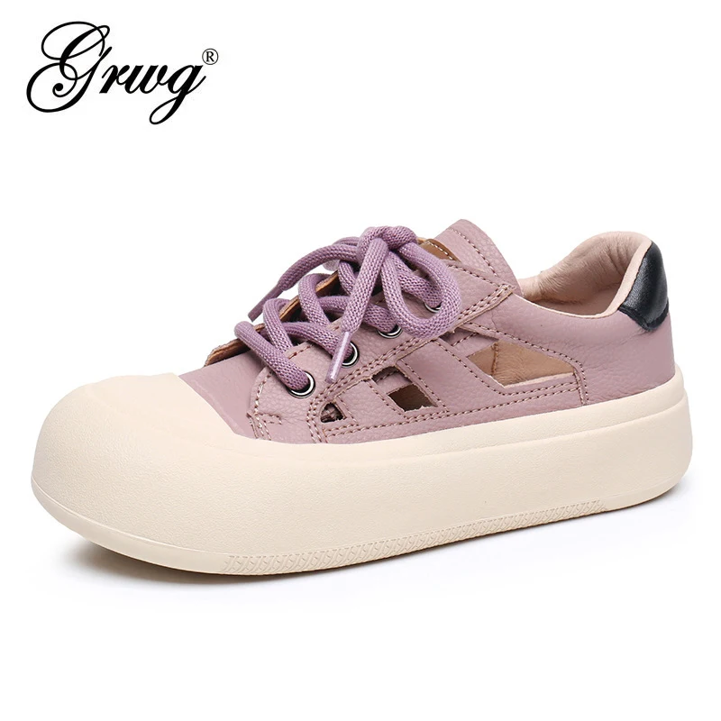 

GRWG 100% Genuine Leather Women Platform Sneakers Spring Summer Casual Vulcanized Shoes Ladies Thick Bottom Loafers Woman
