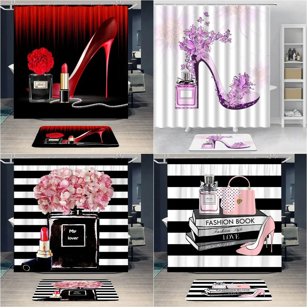

Beauty Red Lipstick Perfume Patterned Shower Curtain Carpet Striped Bathroom Decor Modern girl Shower Curtain