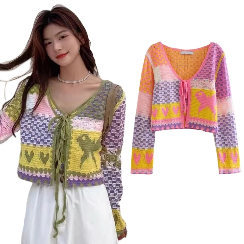 Women Casual Lightweight Cardigan Long Sleeve Hollow Out Crochet Knit Colorblock Plaid Lace-Up Open Front Outwear Coat