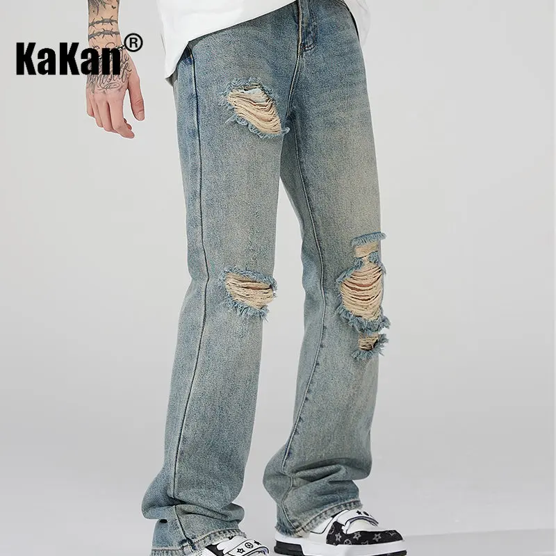 Kakan - New High Street Distressed Washed Old Jeans for Men, Trendy Hip Hop Loose Straight Length Jeans K24-ZLJLB0066