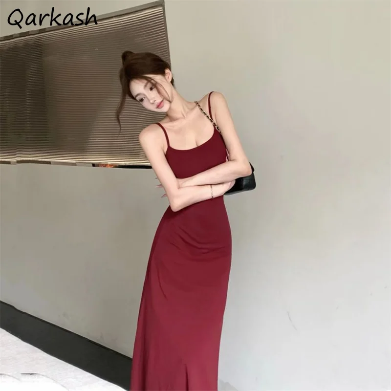 

Sleeveless Long Dresses Women Burgundy Summer Simple Elegant Sexy Ladies Streetwear Slim Hot High Waist All-match Basics Chic