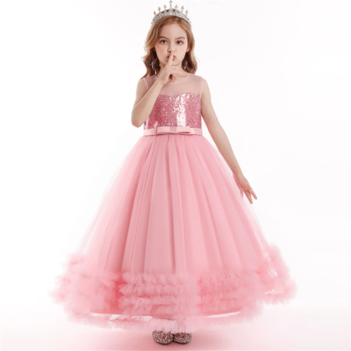 Elegant Pink Lace Mesh Flower Girl Dress - Princess Style Party & Wedding Attire