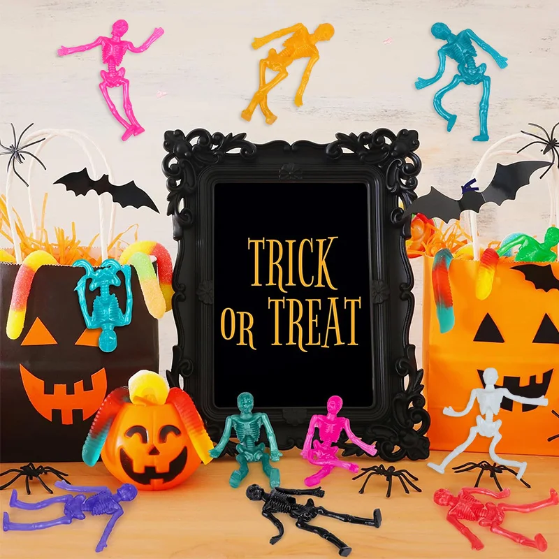 30Pcs/set Halloween Plastic Pumpkin Box with Stretchy Skeleton Toys Halloween Party Kids Favors Trick or Treat Goodie Bag Filler