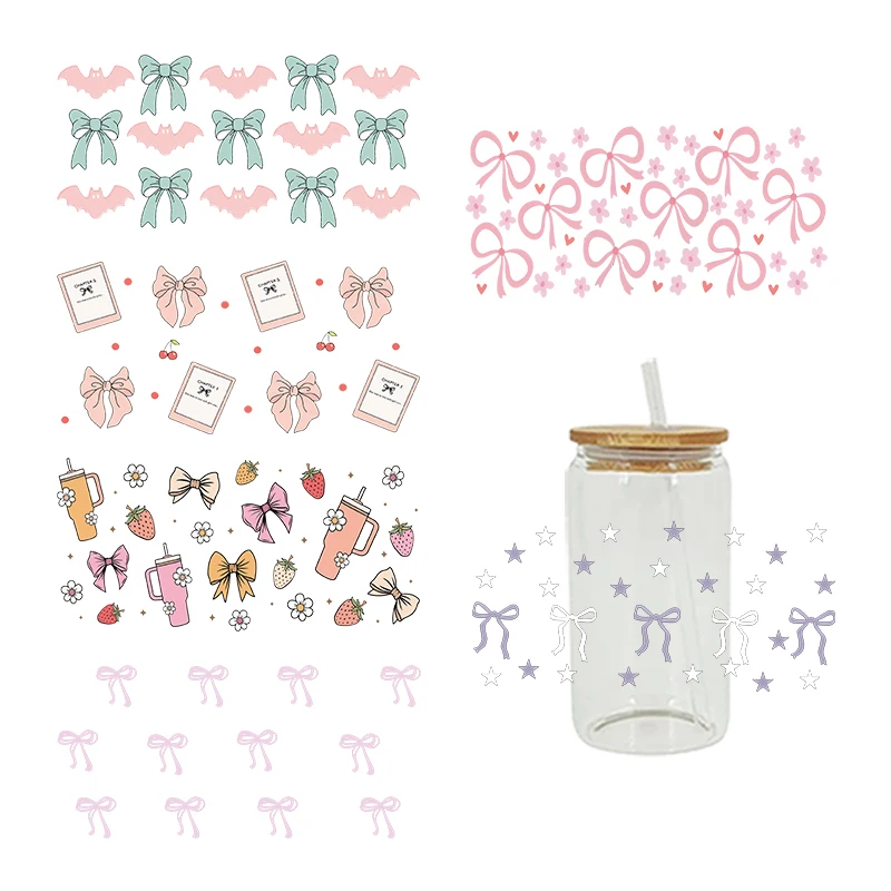 UV DTF Transfer Sticker Flowers Bows For The 16oz Libbey Glasses Wraps Bottles Cup Can DIY Waterproof Decals D19610