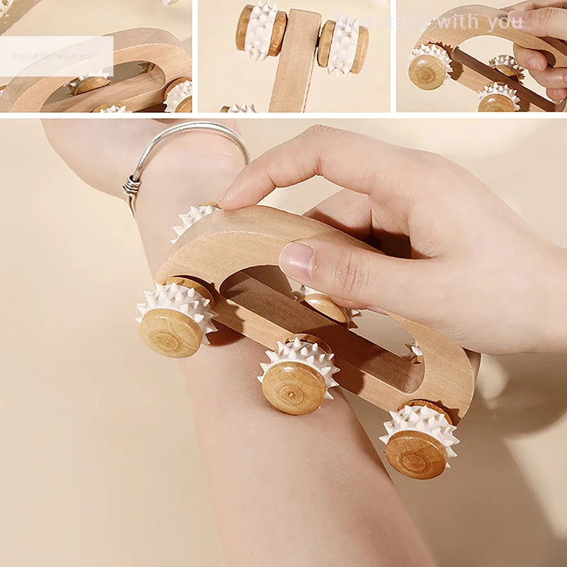 

1 Pcs 6 Wheels Wooden Car Roller Relaxing Tool Arched Handle Massager Hand Massage Face Neck Head Foot Acupoint Muscle Therapy