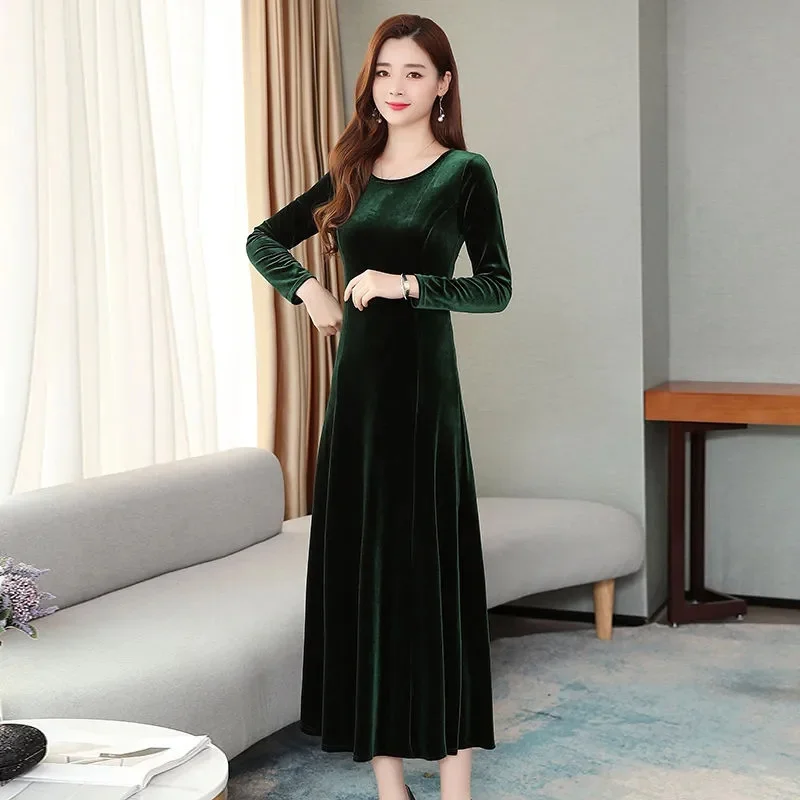 2023 Spring, Autumn, and Winter New Gold Velvet Dress Women Mid length Slim Fit Temperament Long Sleeve Autumn Dress Long Dress