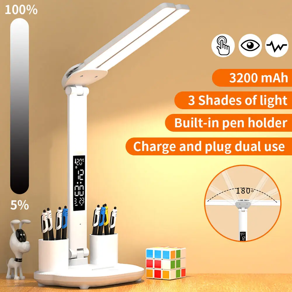 

LED Clock Table Lamp USB Chargeable Dimmable Desk Lamp 2 Heads 180 Rotate Foldable Eye Protection Reading Night Light