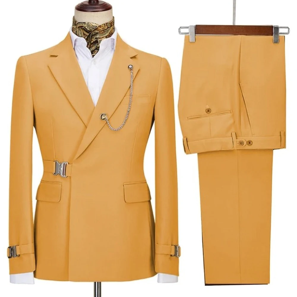 Yellow Men Suits Metal Buckles 2 Piece Fashion New Notch Lapel Solid Color Blazer Business Casual Wedding Groom Full Men's Suit