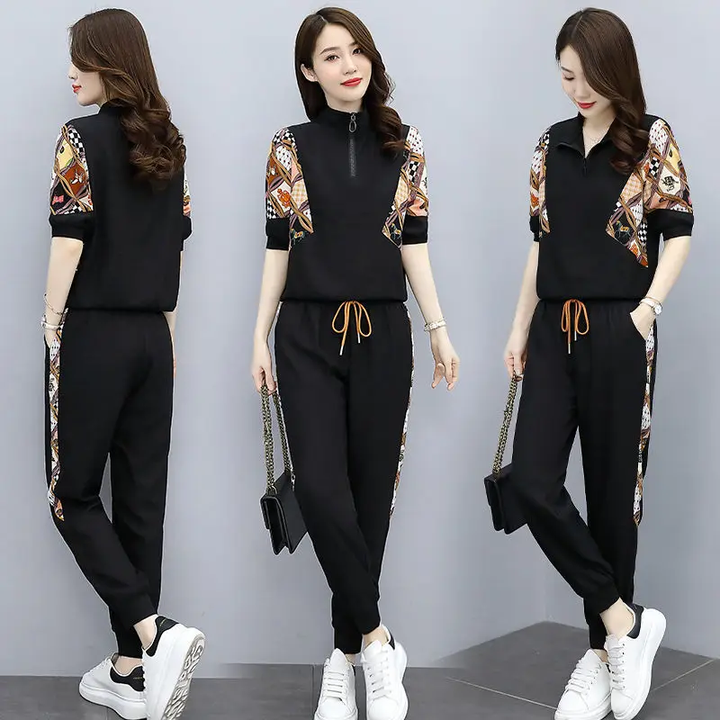 Leisure Set Large Women's 2024 Summer New Western Loose Fit Sports Fashion Short Sleeve Women's Two Piece Set Sweatsuits
