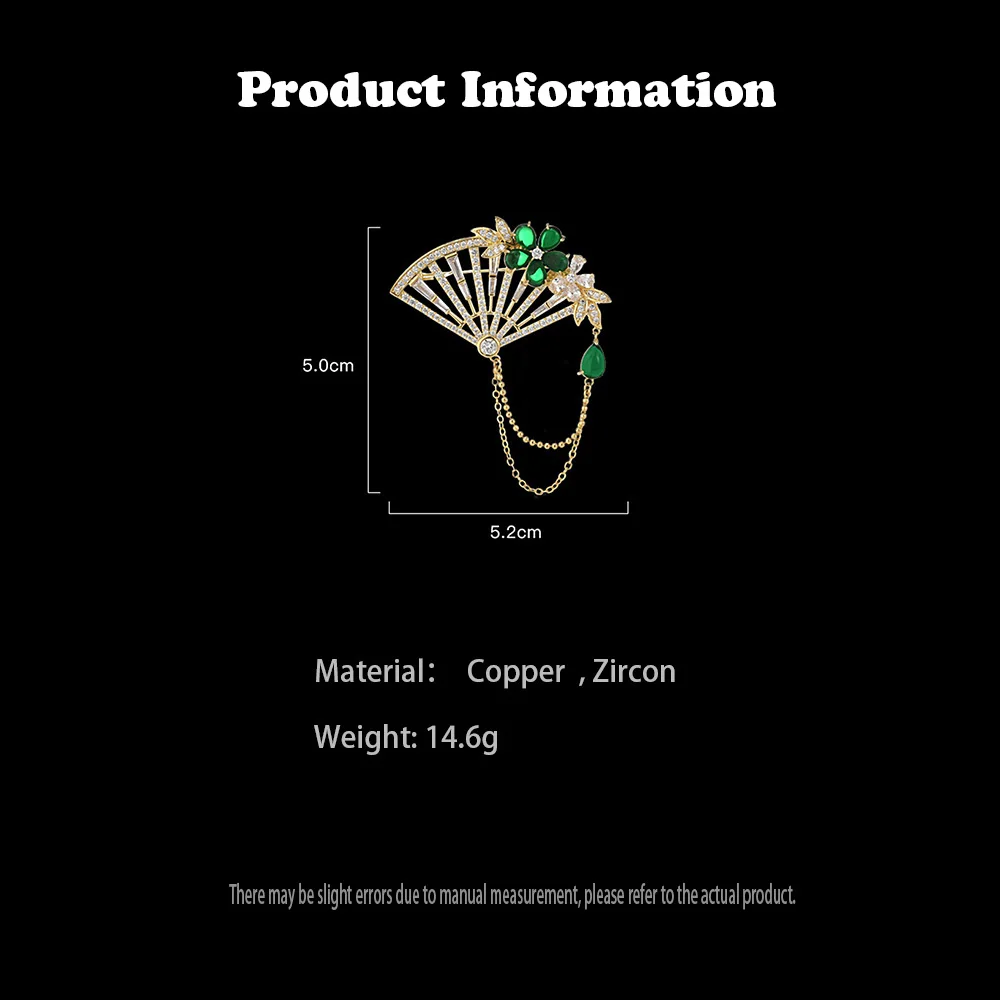 Vintage Fan Brooches for Women Green Crystal Flower Tassel Lapel Pins Women's Dress Accessories Jewelry Birthday Holiday Gifts