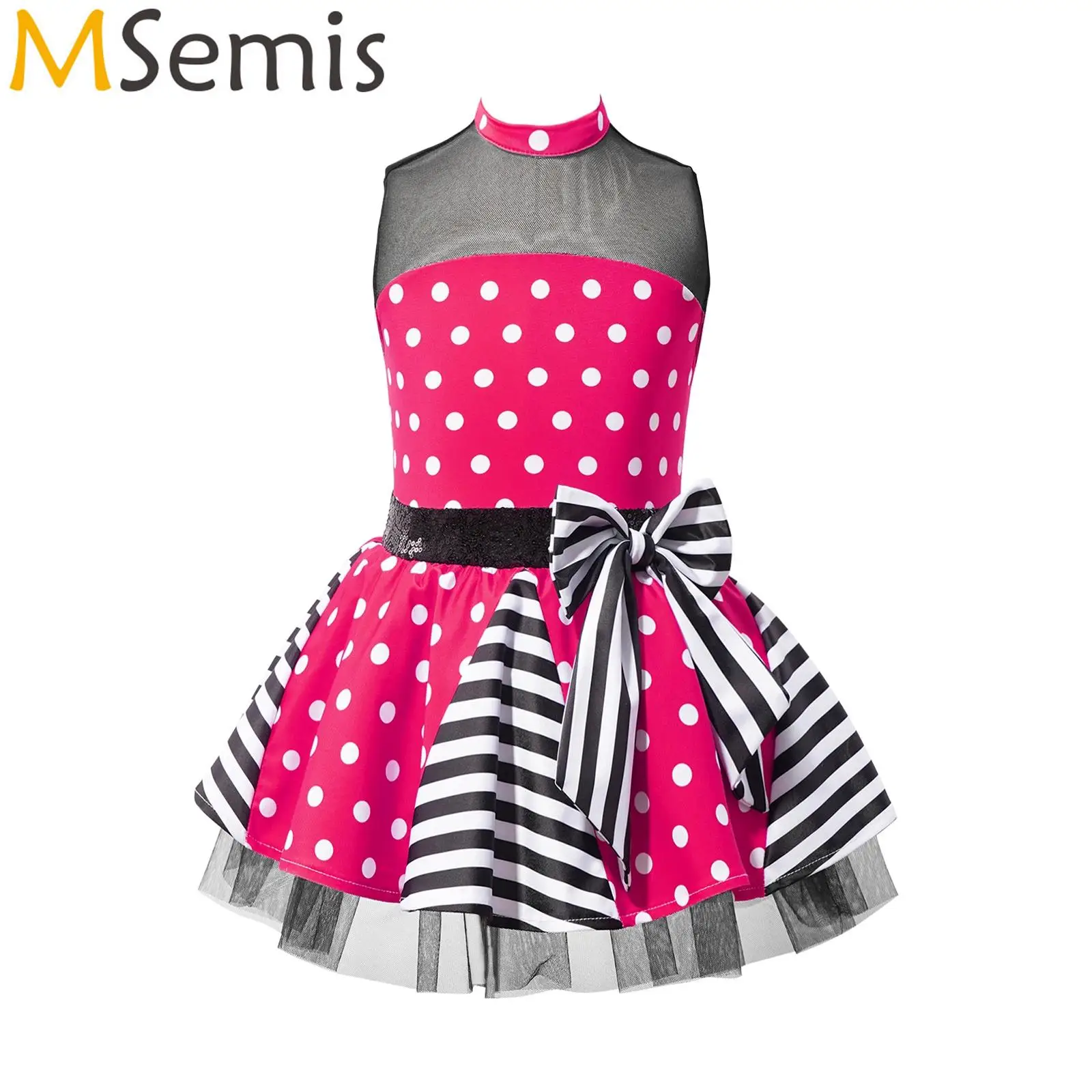 

Kids Girls Polka Dots Print Mesh Sequins Bowknot Tutu Mesh Dress Gymnastics Leotard Jazz Latin Ballet Lyrical Dance Dress