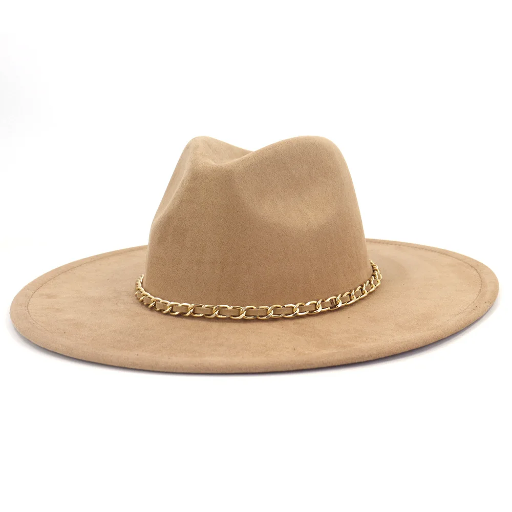 Groene Suède Top Hat Met Ketting Vrouwen Elegante 9.5Cm Brede Rand Jazz Fedora Hoed Herfst Winter Mannen Vilt Panama cap Voor Party Wedding  200000297