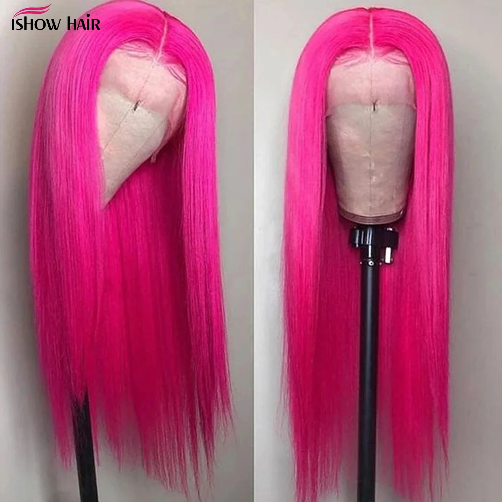 Ishow 30inch Glueless Hot Pink Wig 13x6 HD Transparent Lace Front Human Hair Wigs Colored Straight Human Hair Wigs For Women