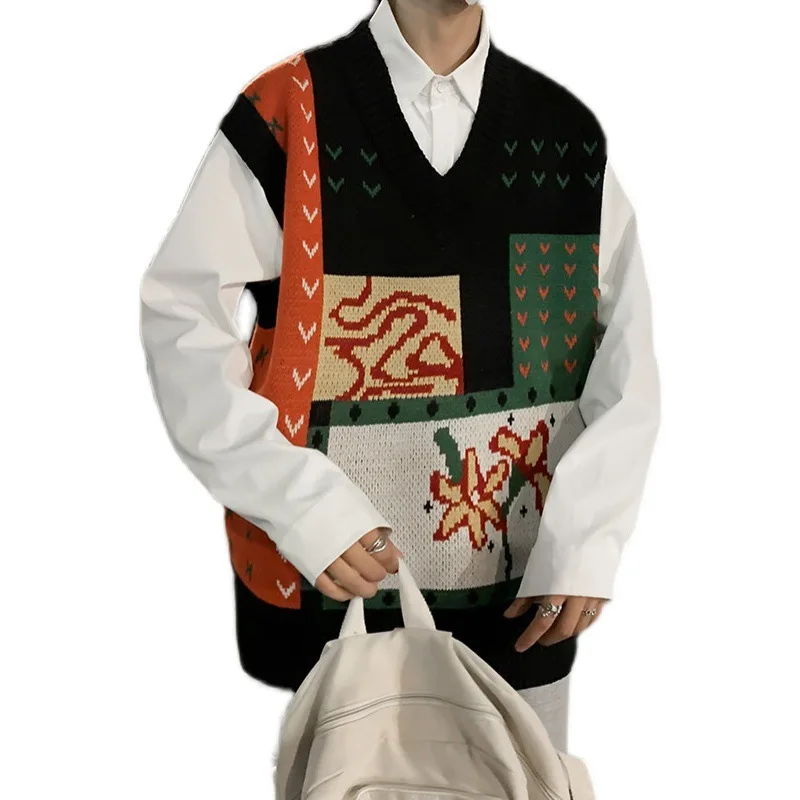 Cotton Vest Men Spring Fashion Flower Printing Vintage Sweater Harajuku Knitted Jumpers Golf Women Casual New Knit Vest Sweater