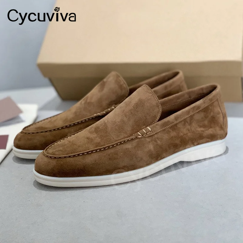 

Hot Kidsuede Leather Flat Shoes For Men Slip On Loafers Male White Sole Round Toe Mules Summer Walk Casual Shoes Men