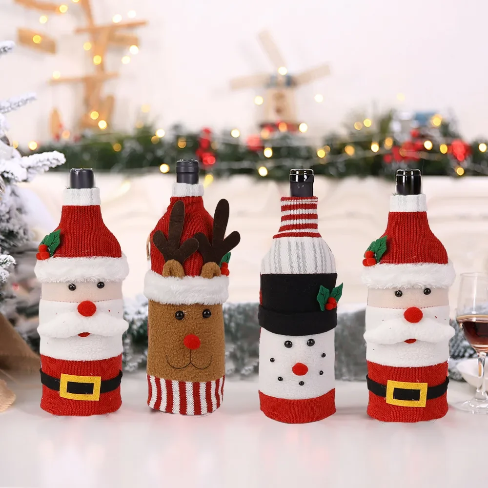 Christmas Wine Bottle Cover Set Santa Snowman Woven Wine Bottle Bags For Christmas Party Dinner Table Decorations New Year Gifts