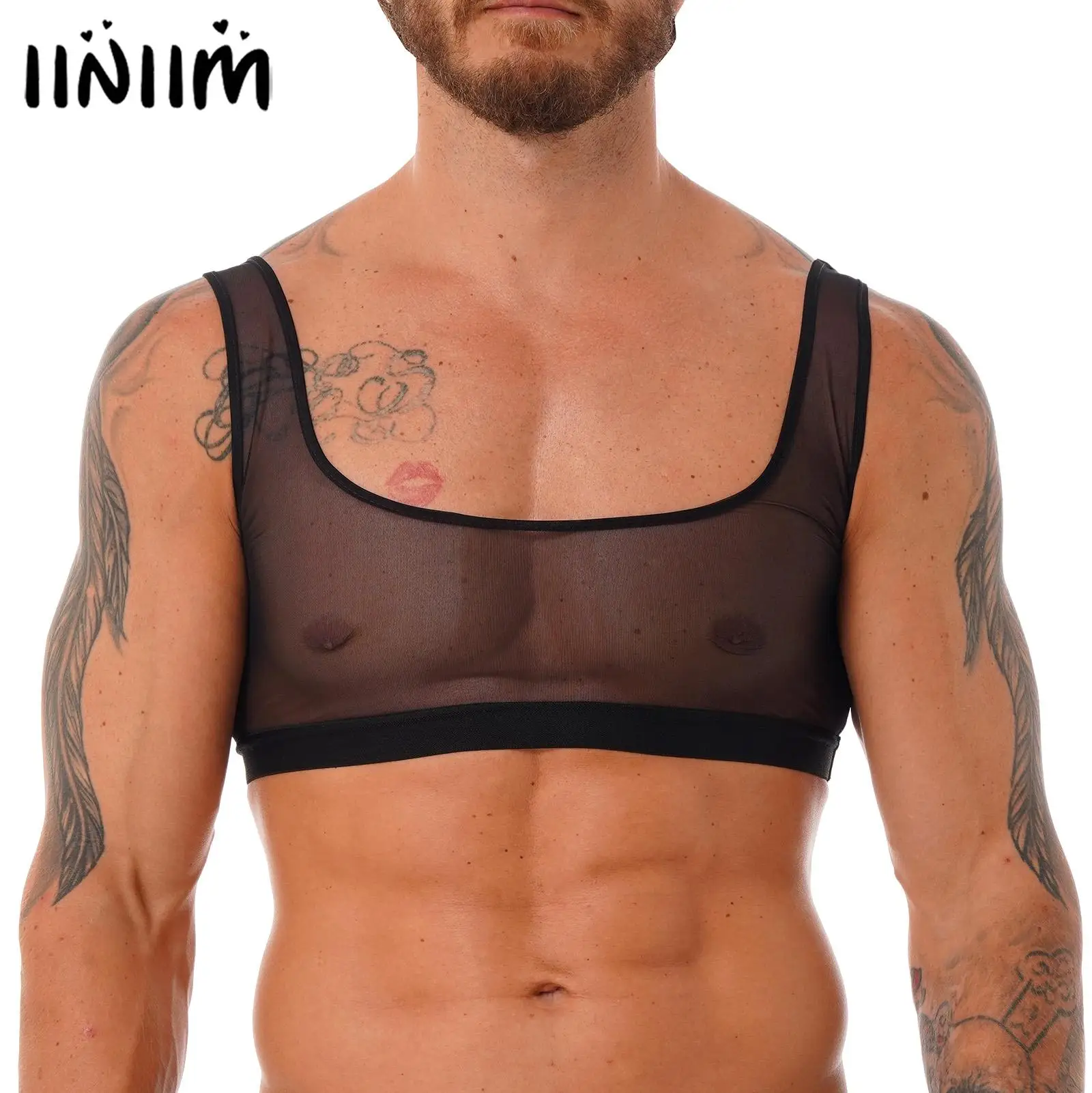 

Майка мужская сетчатая, пикантное нижнее белье без рукавов, спортивный топ для тренировок и бодибилдинга, кроп-топ с U-образным вырезом, жилет