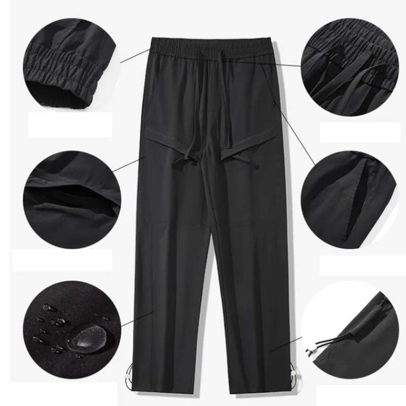 Men's Clothing Spring Autumn Pockets Drawstring Elastic High Waisted Solid Color Casual Trousers Straight England Style Pants