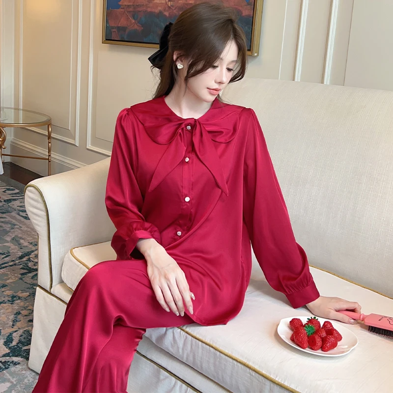 

Весна 2024, милая шелковая атласная пижама с бантом и длинным рукавом для принцессы, комплекты для женщин, Корейская Милая одежда для сна, женская одежда