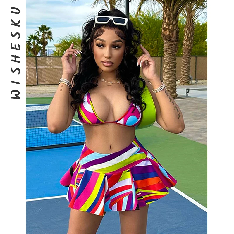 

Two Piece Set Women Colorful Beach Outfits Sexy Backless Lace Up Bra Camisole Top+High Waist Pleated Mini Skirt 2023 Summer