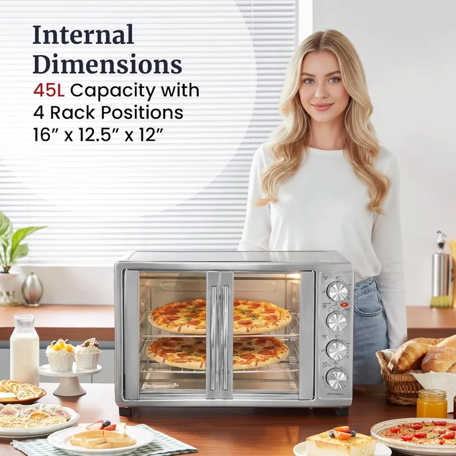 ETO-4510M French Door 47.5Qt 18-Slice Convection Oven 4-Control Knobs Bake Broil Toast Rotisserie Keep Warm Includes 2 x 12 Piz