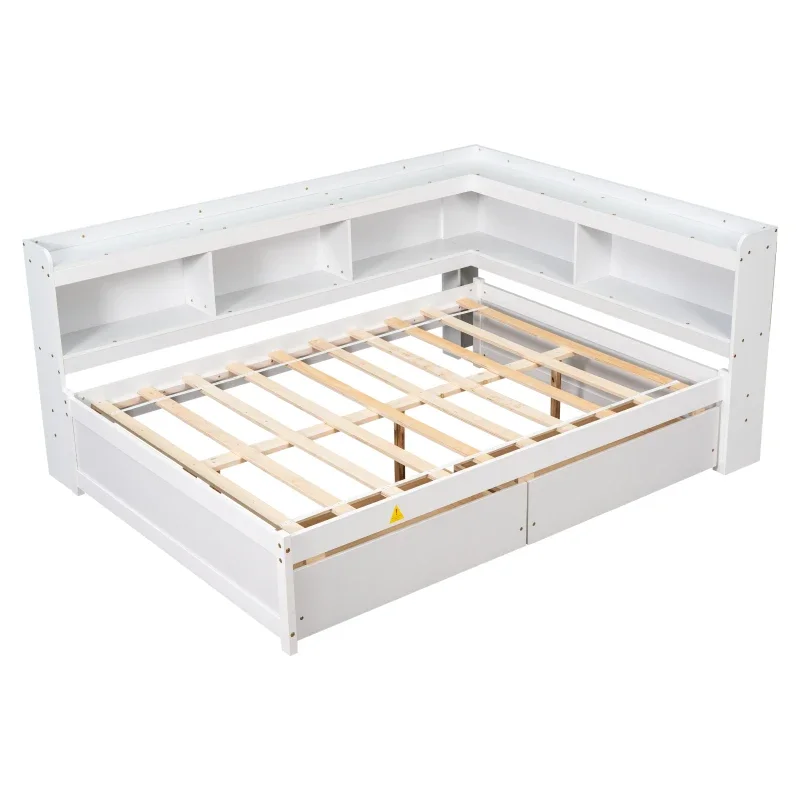 

Full Bed with L-shaped Bookcases, Drawers ,White