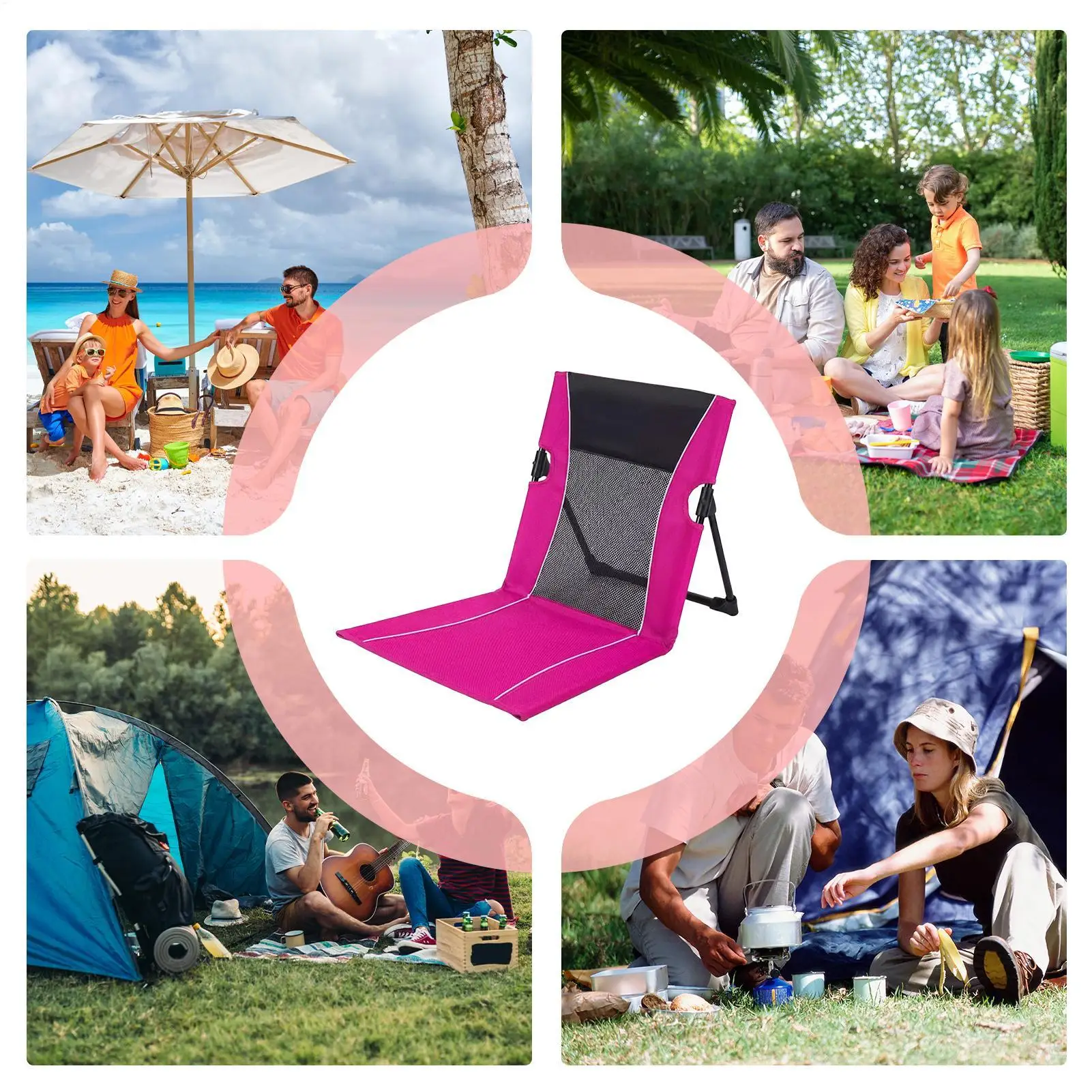 Sedia da Spiaggia Pieghevole Bassa con Borsa per il Trasporto, Sdraio per Piscina, Prendisole per Viaggi, Campeggio, Picnic - immagine 5