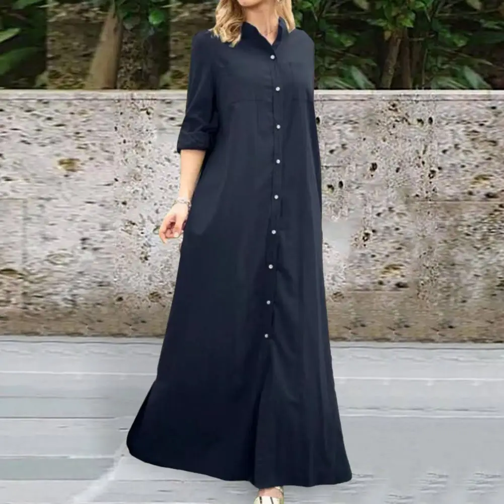 

Shirt Dress Long Sleeve Dress Stylish Women's Maxi Dress Elegant Single-breasted Long Sleeve Design with Stand Collar for Fall