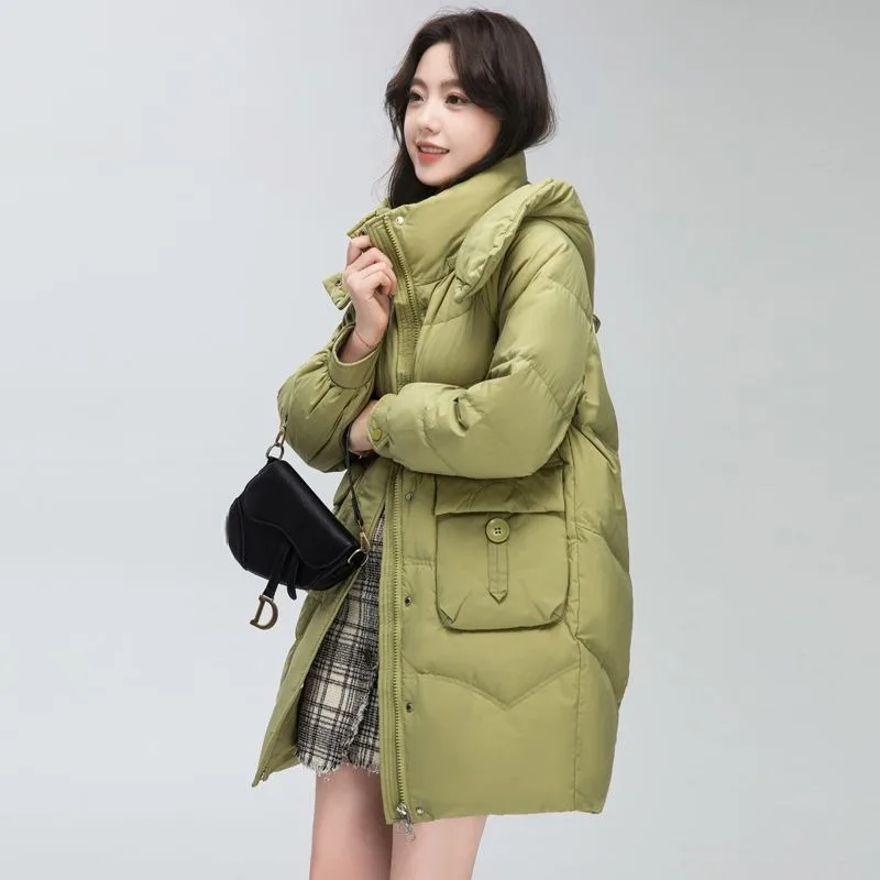 2023 New Women Down Jacket Winter Coat Female Mid Length Version Parkas Loose Thick Warm Outwear Hooded Leisure Time Overcoat