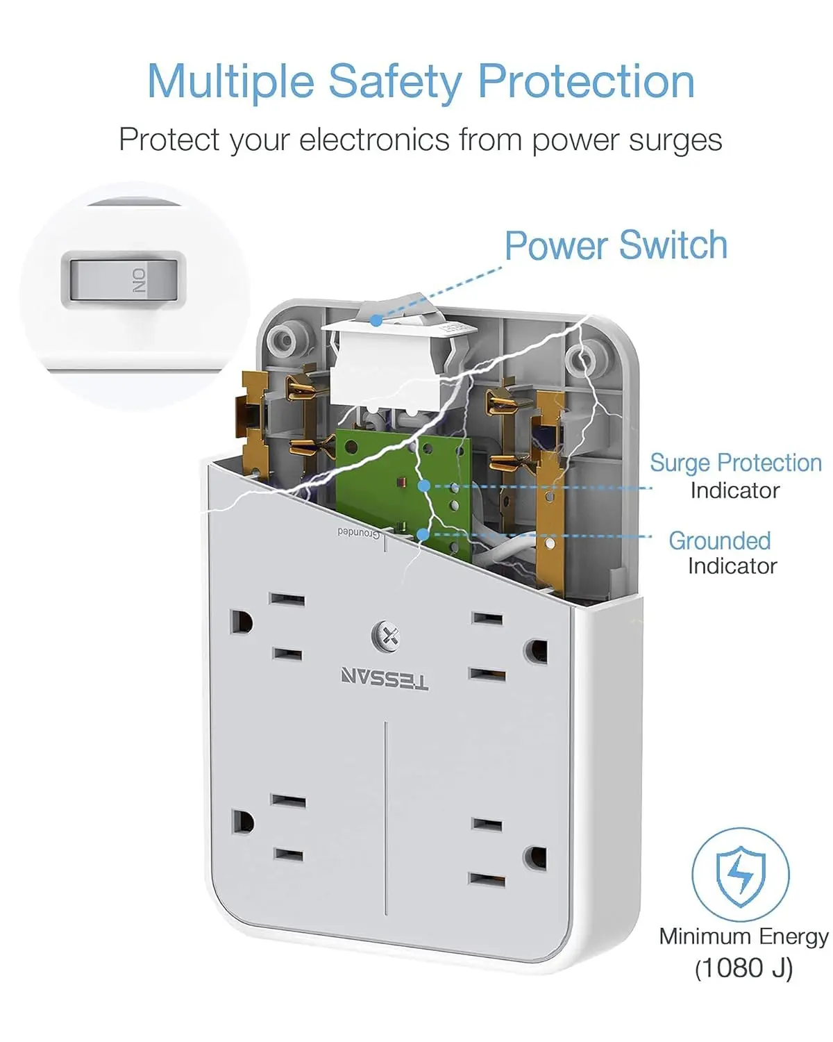 USB Wall Charger Multi Outlet Extender Surge Protector TESSAN 6 Electrical Outlets Expander with 3 USB Charging Ports 1080 J