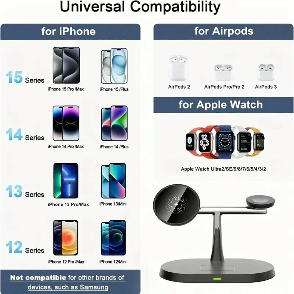 3 in 1 Magnetic Wireless Charger Stand Phone Charger Holder Fast Charging For iPhone 16 15 14 13 Pro Max Apple Watch Airpods 15W