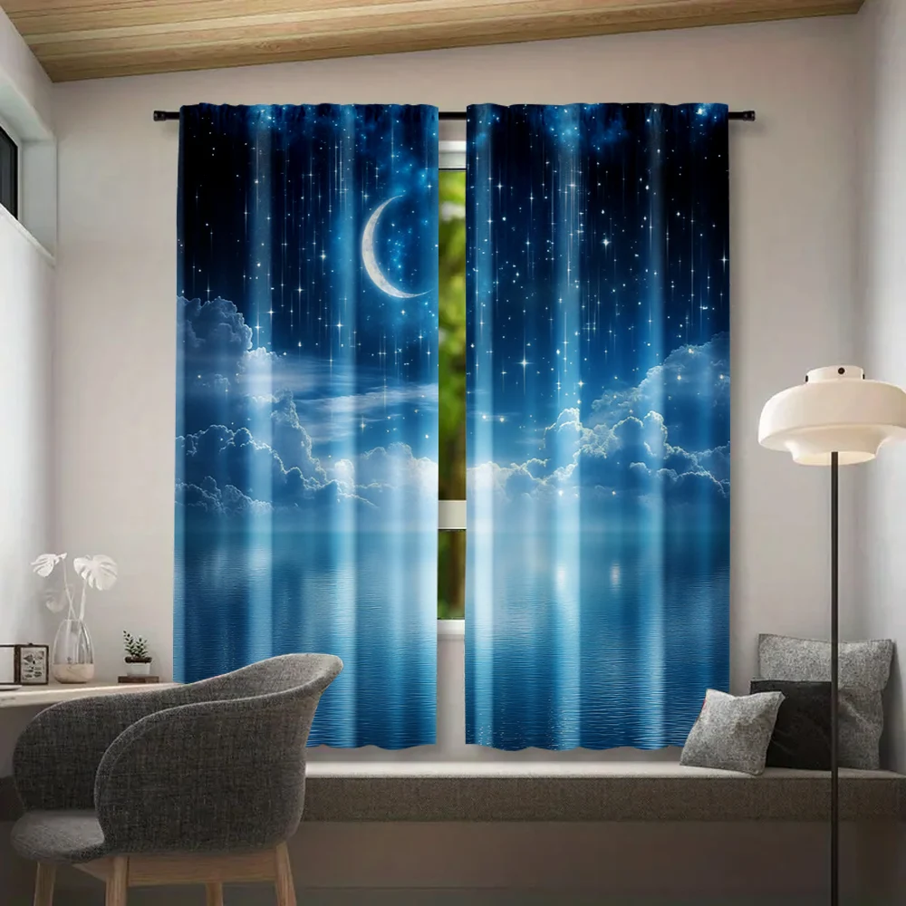 2pcs, Window Curtains Starry night sky moon and foggy clouds landscape Protecting Privacy Family Party Decoration Use for 2
