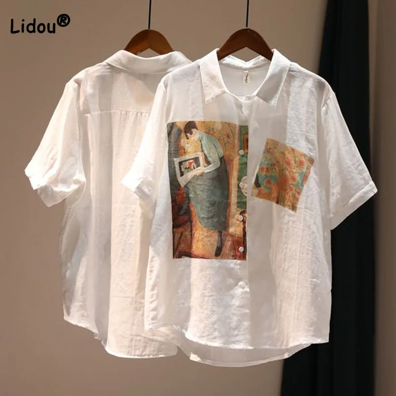 

Casual Fashion Printed Spliced Turn-down Collar Shirt for Female All-match Commute Short Sleeve Blouse Summer Women's Clothing