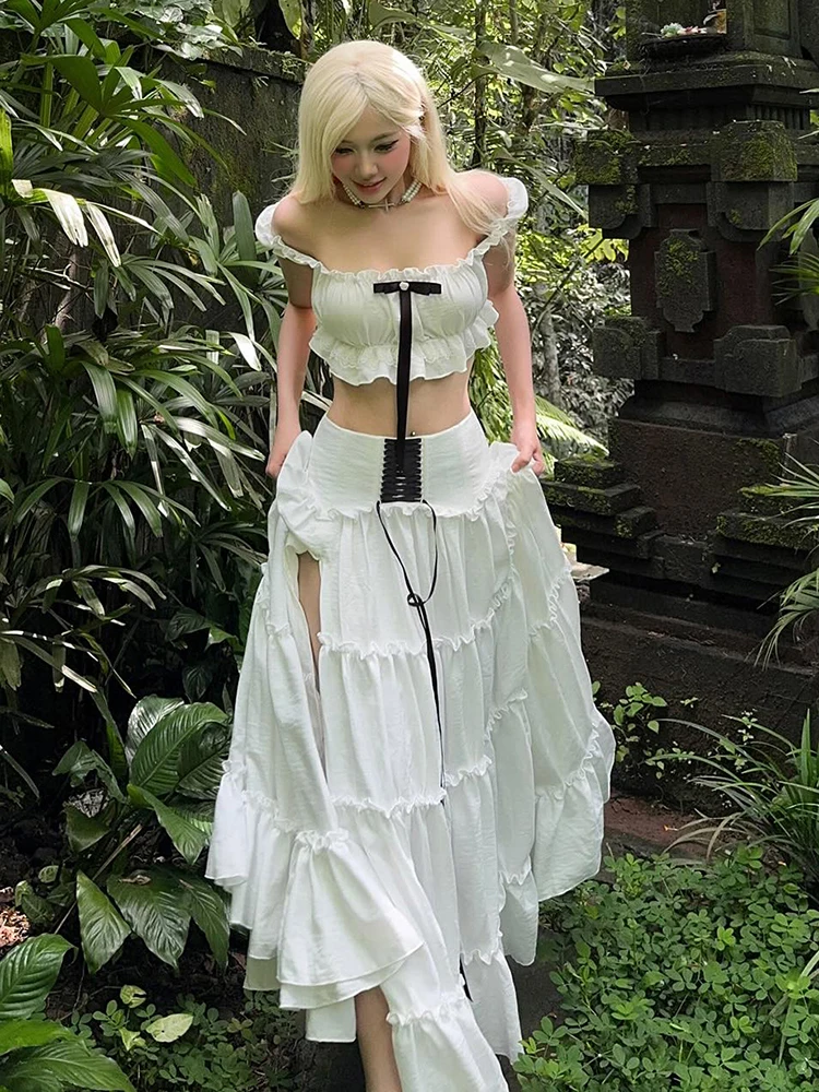 Nibber Sweet 2-Piece Set Women One Shoulder Patchwork Lace Bow Mini Tops+High Slits Folds Bandage Skirts Matching Vacation Suits