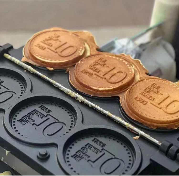 Customized Logo OEM Computer Digital Cheese Coin Waffle Machine 10 Korea Golden Coin Waffle Cheese Cartoon Coin Waffle Maker
