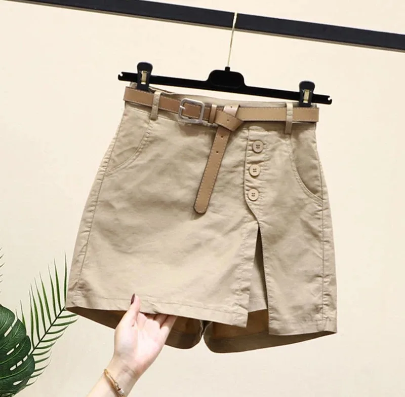 Chic Shorts Frauen Gürtel Koreanische Feste Tasten Seite Schlitzte A-line Streetwear Fashion Röcke Chic Harajuku Sommer Lose Hosen – Detail 18