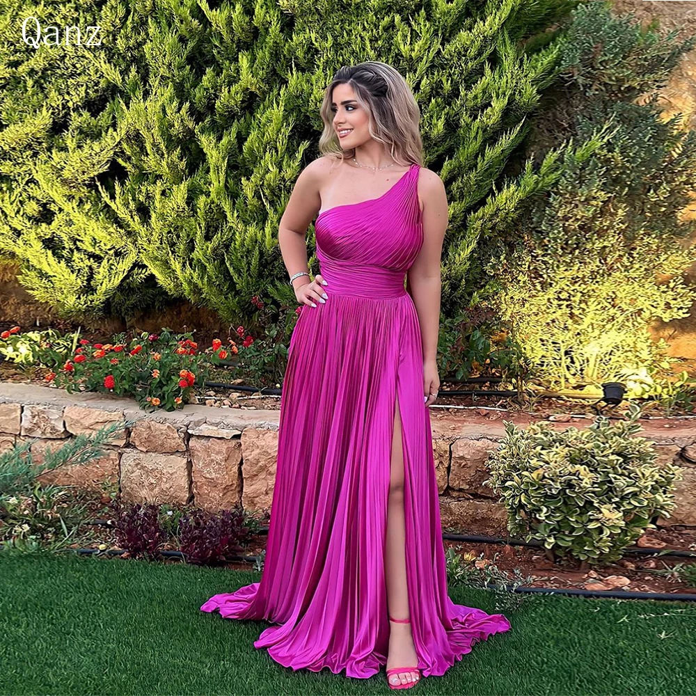 

Qanz Leg Slit Fuchsia Evening Dresses One Shoulder Pleat Arabia Vestidos De Fiesta Elegantes Para Mujer 2023 Dubai Party Dresses