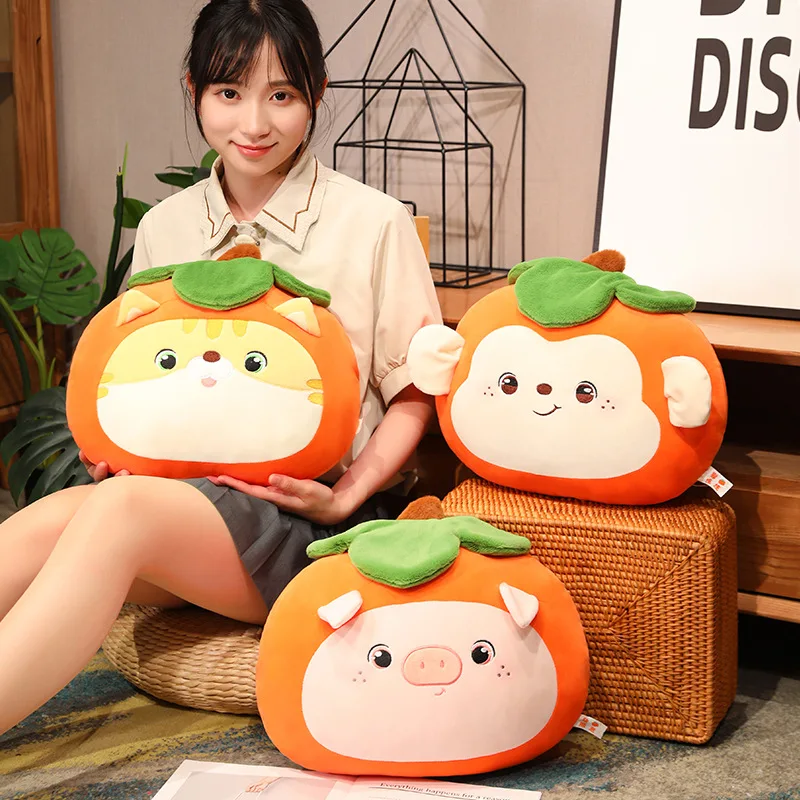 40cm Creative Fruit Persimmon Animals Plush Throw Pillow with Blanket Toy Cute Stuffed Lion Piggy Fruits Plushies Sofa Cushion double ear cast iron 40cm old style thickened round bottom household fry pot with uncoated pig iron