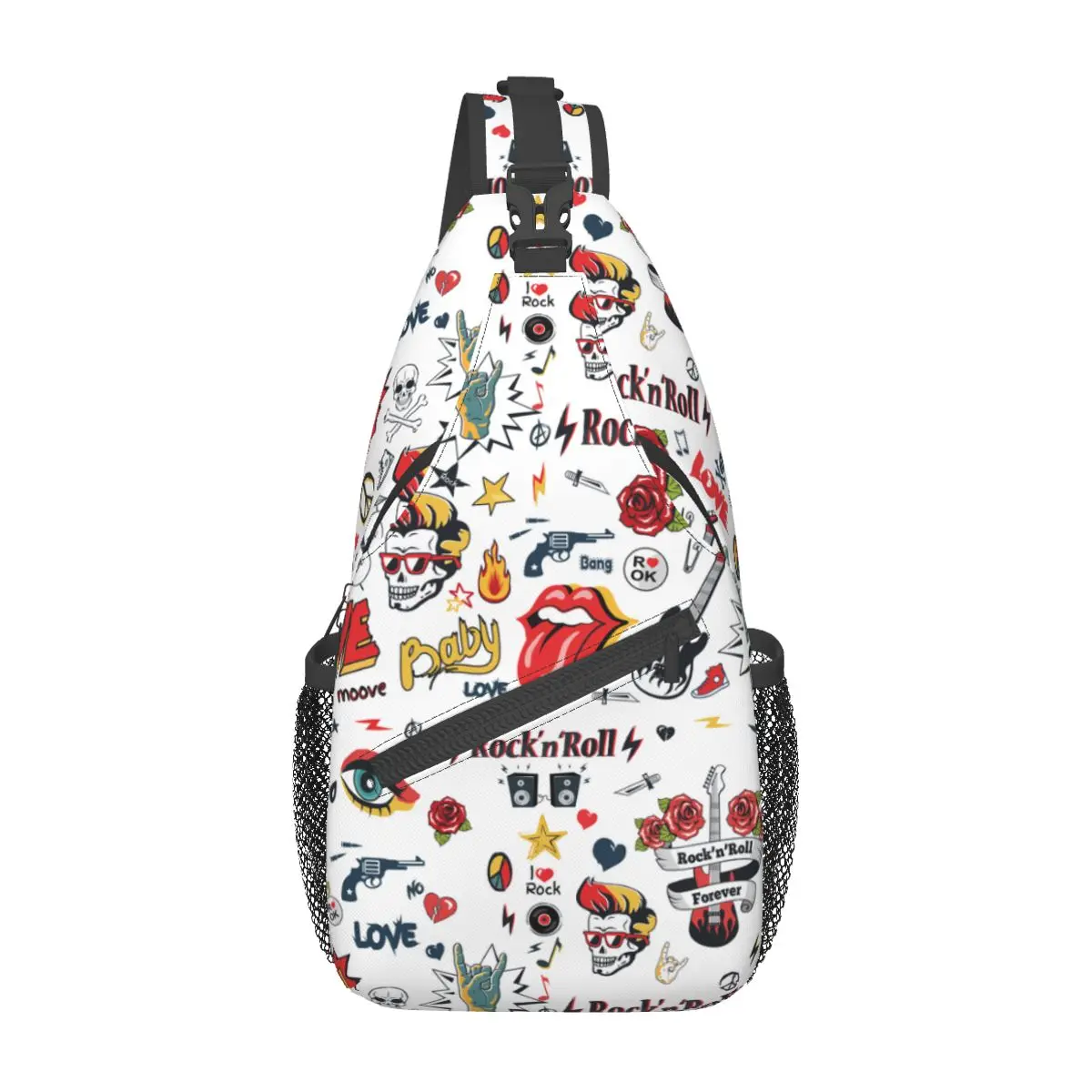 

Rock N Roll Skulls Guitar Small Sling Bags Chest Crossbody Shoulder Backpack Hiking Travel Daypacks Hippie Cool Bookbag