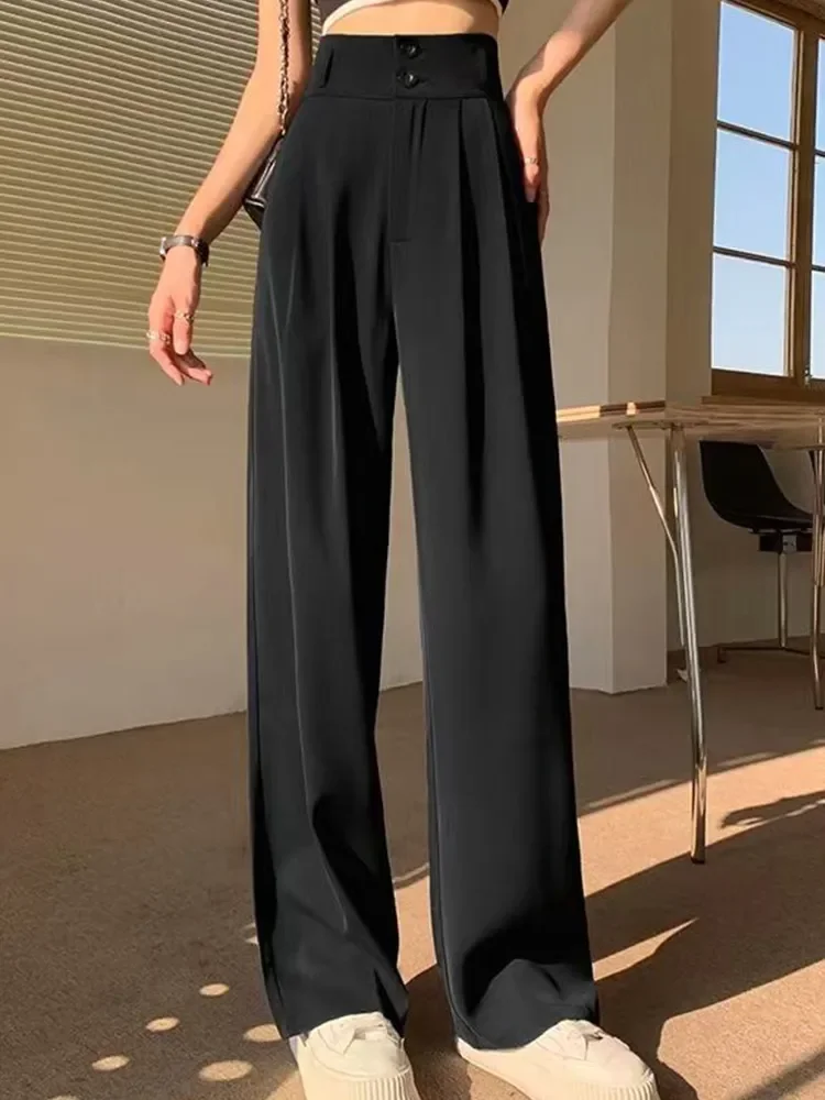 Elegant High Waist Baggy Straight Pants Korean Wide Leg Women Chic Long Trousers Autumn Fashion Buttons Casual Female Suit Pant