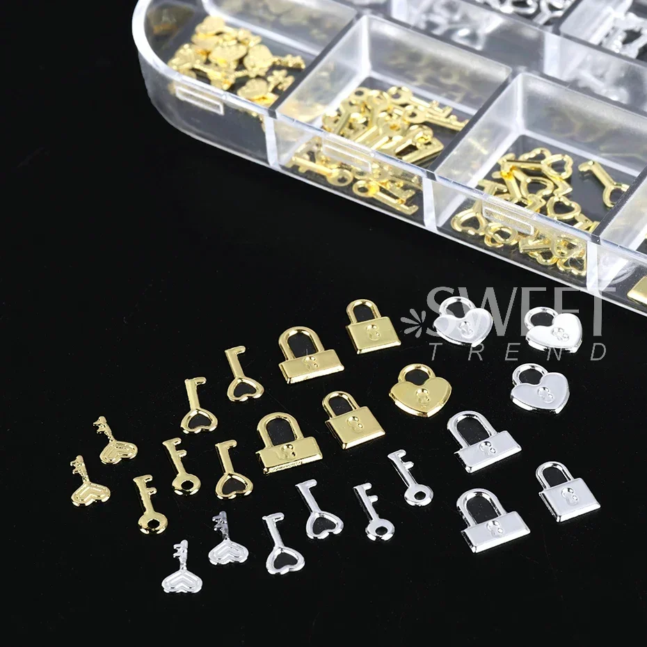 12 Grids Gold Silver Metal Lock Key Nail Decoration Parts Love Heart Charms Jewelry DIY Valentine's Manicure Accessories Flakes