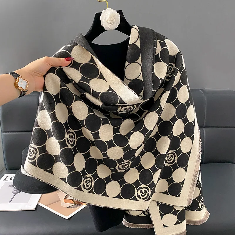 Autumn Winter New Fashion Dot Cashmere Scarf Women Luxury Elegant Shawl Thickened Pashmina Black Scarf