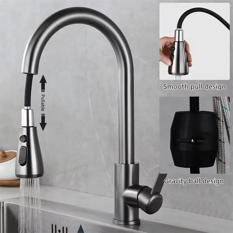Sink Faucet Kitchen Faucets 304 stainless steel Pull Out Kitchen Sink Water Tap Deck Mounted Mixer Stream Sprayer Head Hot Cold Taps