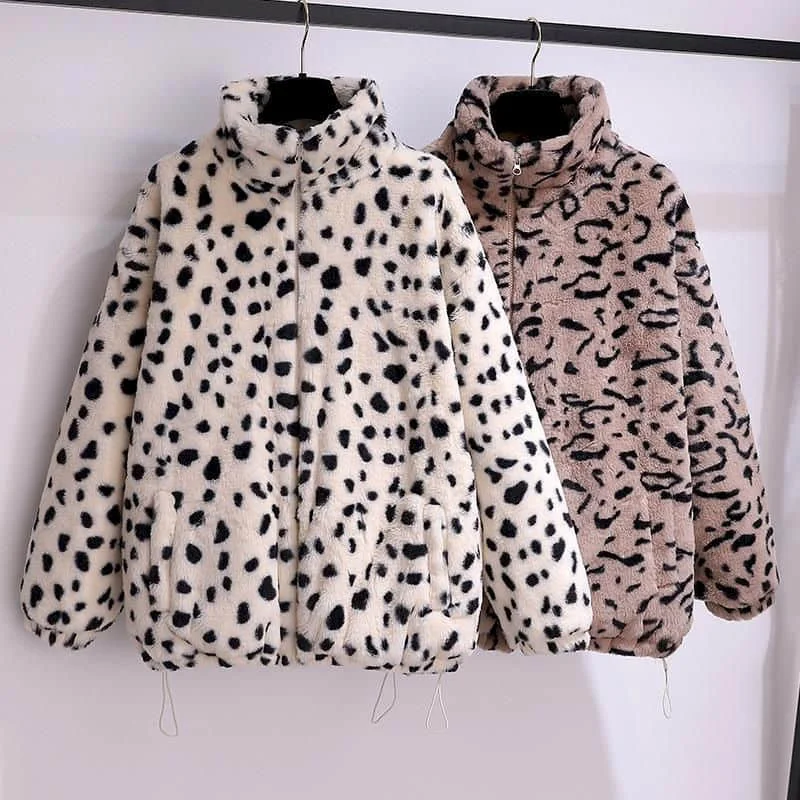 

Fluffy Quilted Coats for Women Stand Collar Long Sleeved Color Block Leopard Cardigans Oversized Winter Jackets Loose Women Tops