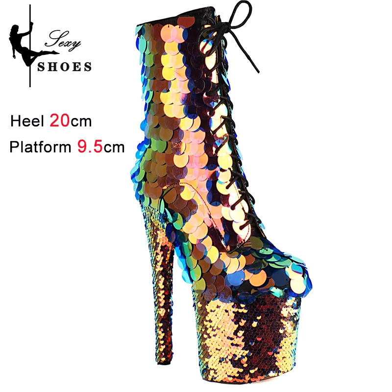 Women's Winter Boots 2023 Platform Pole Dance 20CM/8Inchs High Heels Side Zip Sequined Cloth Ankle Boots Stripper Shoes Big Size