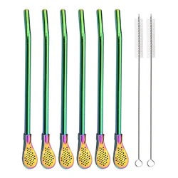 8 - Piece Gold Reusable Stainless Steel Drinking Straw Spoon Set with Filter (Rainbow)