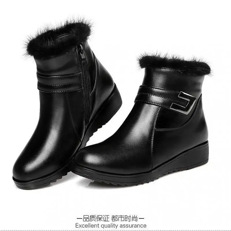 

Autumn And Winter New Leather Women's Boots Mink Fleece Thermal Wool Fashion Classics ZIP Round Toe Casual Women Shoes Black 43